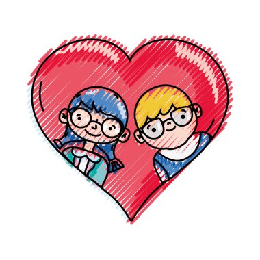 Erkek ve kız gözlüklerin içinde kalp tasarlamak vektör ile rendelenmiş