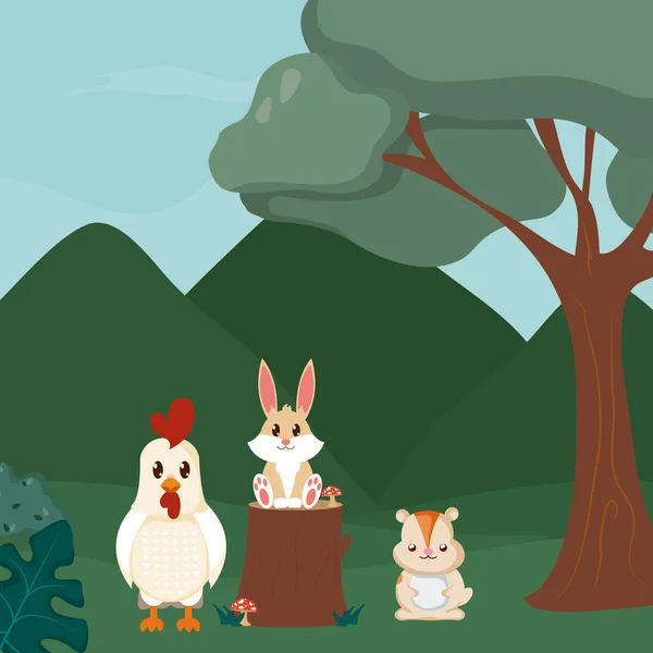 Rooster Nyúl Hód Erdőben Aranyos Állatok Rajzfilmek Vektoros Illusztráció Grafikai — Stock Vector
