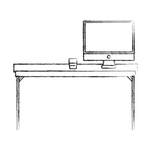 Figuur Houten Bureau Object Met Computer Scherm Vectorillustratie — Stockvector