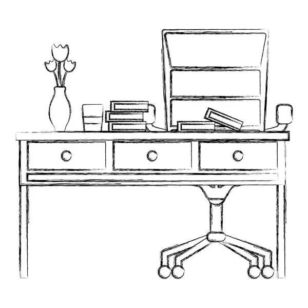 Figur Büro Holz Schreibtisch Mit Büchern Und Stühlen Vektor Illustration — Stockvektor