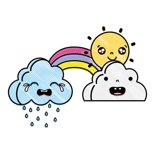 Nubes Clima Natural Lindo Rallado Con Sol Arco Iris Kawaii — Archivo Imágenes Vectoriales