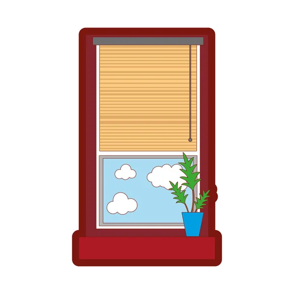 Ligne Fenêtre Couleur Avec Rideau Ouvert Aveugle Illustration Vectorielle Végétale — Image vectorielle