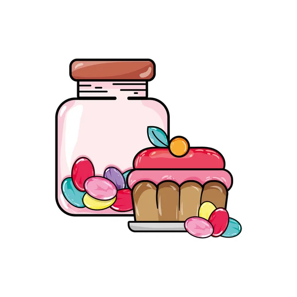 キャンディの瓶とケーキのデザート ベクトル図の中のアーモンド — ストックベクタ