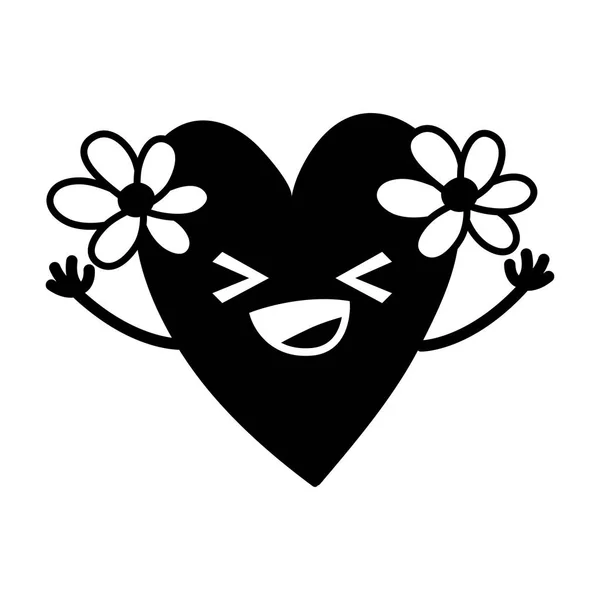Kontur Glückliches Herz Mit Blumen Kawaii Cartoon Vektor Illustration — Stockvektor