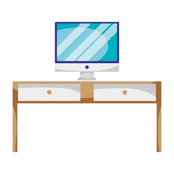 Meja Kayu Dengan Laci Dan Gambar Vektor Layar Komputer - Stok Vektor