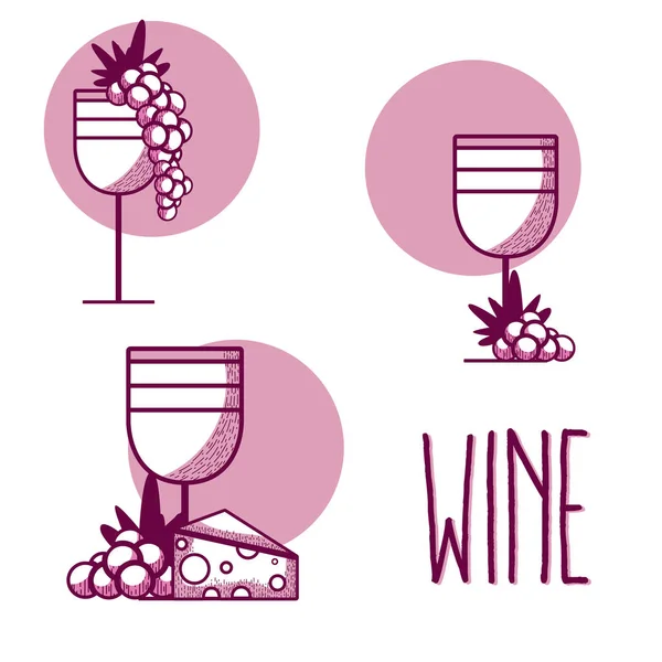 Bicchieri Vino Con Uva Formaggio Disegno Grafico Vettoriale Illustrazione — Vettoriale Stock
