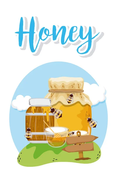 Süße Honigkarte Mit Biene Und Elementen Cartoons Auf Natur Vektor — Stockvektor