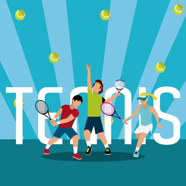 Jugadores Tenis Lanzando Bolas Dibujos Animados Sobre Rayas Azul Vector — Archivo Imágenes Vectoriales