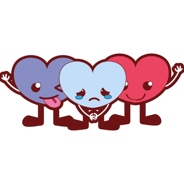 Line Color Cute Hearts Friends Kawaii Cartoons Vector Illustration — Stock Vector