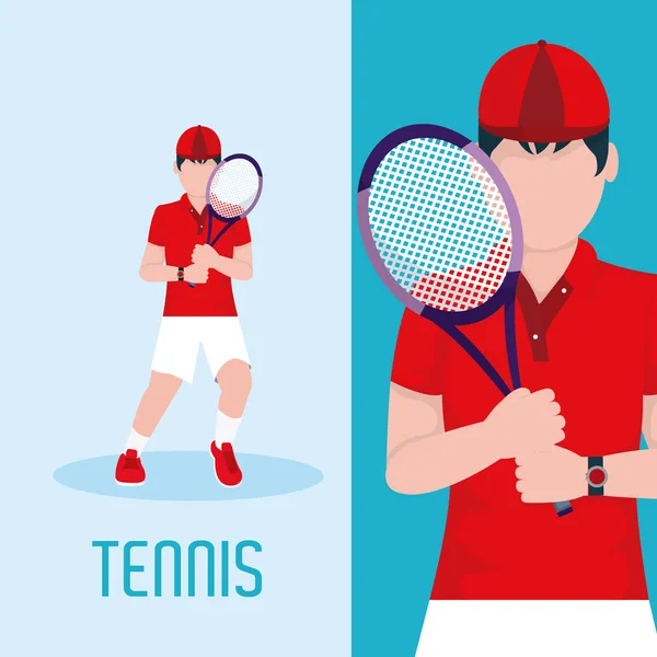Giocatore Tennis Cartone Animato Con Racchetta Palla Sfondo Blu Bianco — Vettoriale Stock