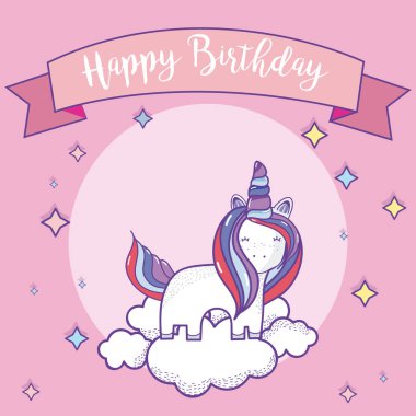 Mutlu Doğum günü kartı ile şirin tek boynuzlu atlara fantazi karikatürler vektör illüstrasyon grafik tasarım