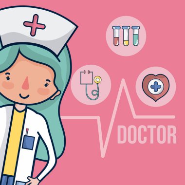 Sevimli hemşire kadın karikatür ile tıbbi sembolleri vektör çizim grafik tasarım