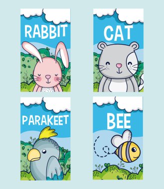 Sevimli hayvanlar çizgi film kartları vektör çizim grafik tasarım