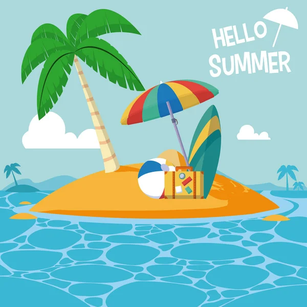 Seu Cartão Hora Verão Com Desenhos Animados Ilha Bonito Design — Vetor de Stock