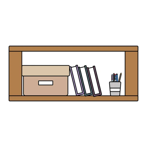 本やボックス アーカイブ ベクトル イラストでカラフルなオフィスの木製の棚 — ストックベクタ