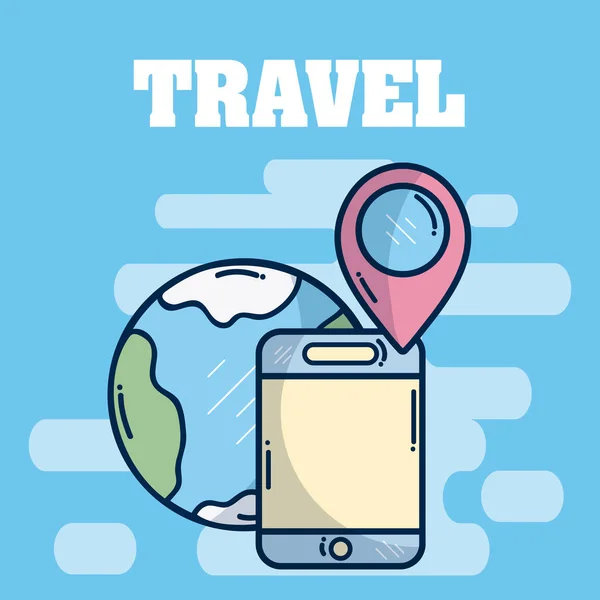 Ταξίδια Smartphone Και Κόσμο Κινούμενα Σχέδια Διανυσματικά Εικονογράφηση Γραφιστικής — Διανυσματικό Αρχείο
