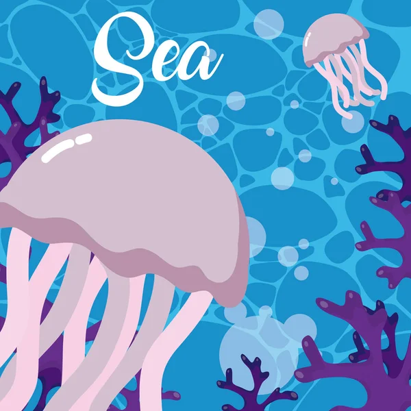 水母和珊瑚礁卡通海底卡通矢量插图平面设计 — 图库矢量图片