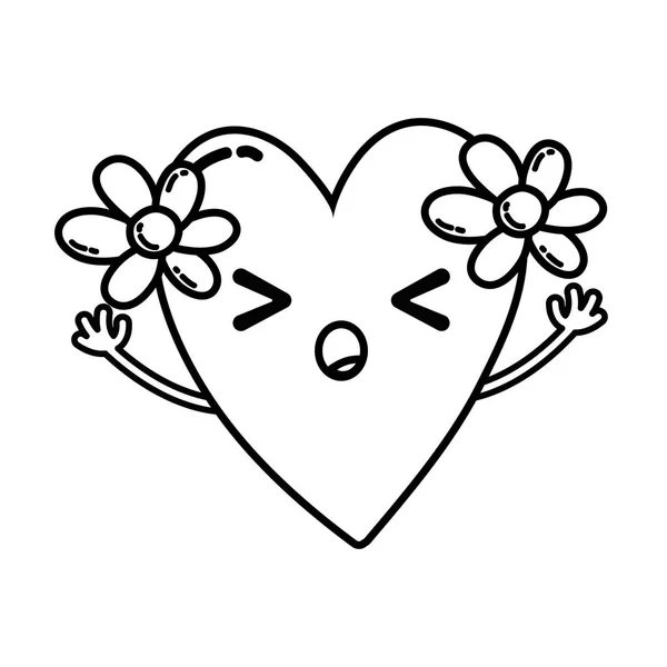 Linha Coração Adormecido Com Flores Kawaii Com Braços Vetor Ilustração — Vetor de Stock