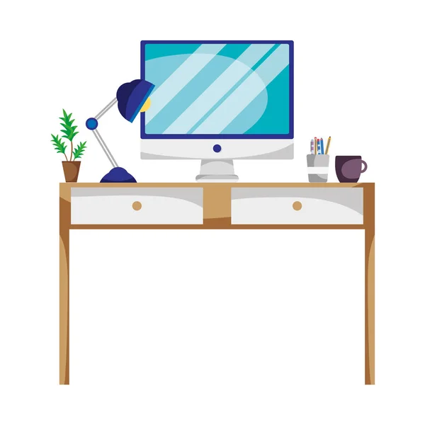 office desk with lamp and computer screen vector illustration