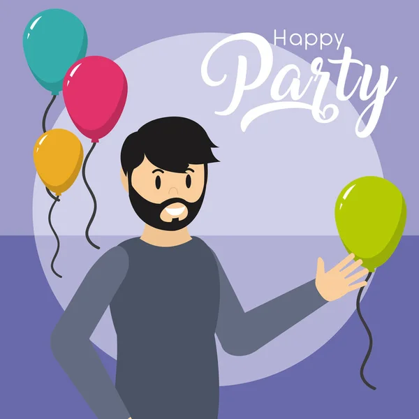 Tarjeta Fiesta Feliz Con Hombre Joven Globos Dibujos Animados Vector — Archivo Imágenes Vectoriales