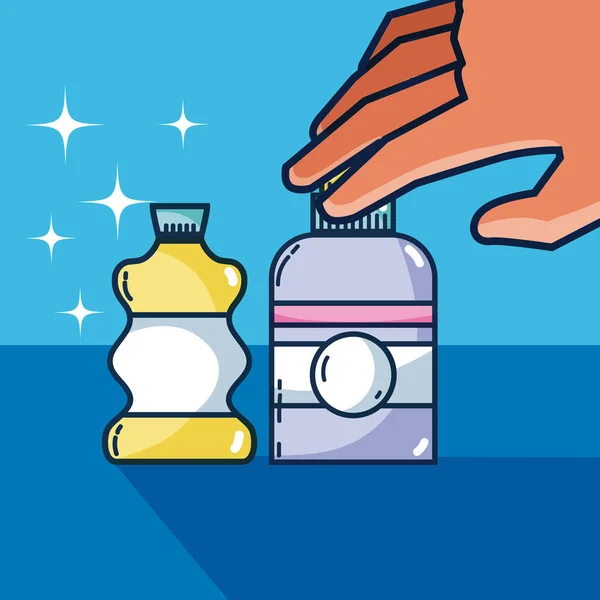 Hand grabbing detergent bottles vector illustration graphic design