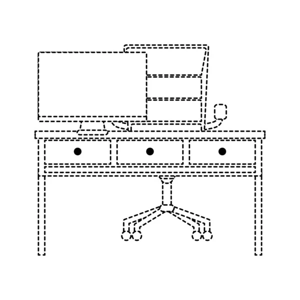 Tečkovaný Tvar Kancelářský Stůl Zásuvkami Počítač Obrazovka Vektorové Ilustrace — Stockový vektor