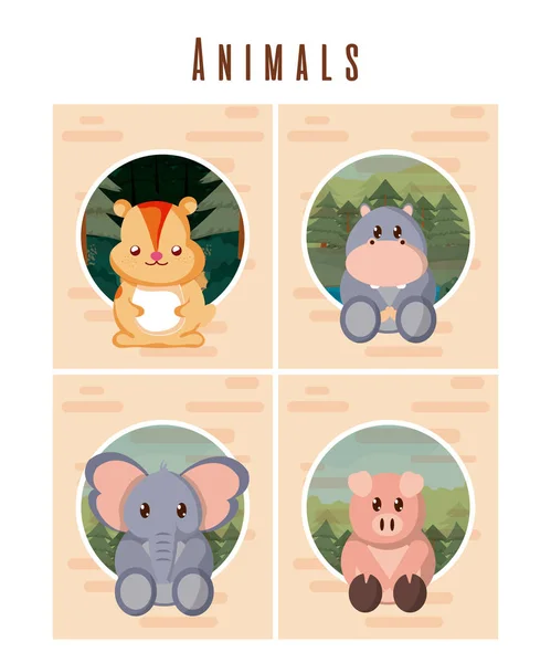 Aranyos Állatok Kártyák Vektoros Illusztráció Grafikai Sorozata — Stock Vector