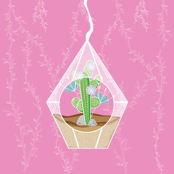 Mini Jardín Colgado Cristal Sobre Fondo Rosa — Vector de stock