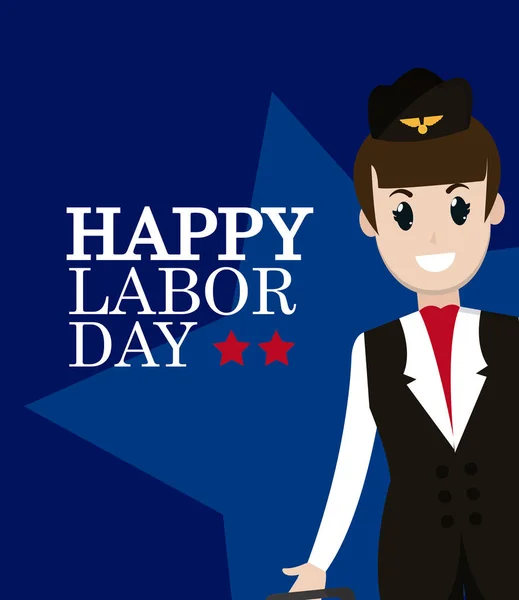 Happy Labor Day Card Stewardess Cartoon Vector Illustration Graphic Design — Stock Vector