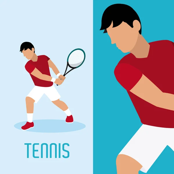 Jugador Tenis Dibujos Animados Con Raqueta Pelota Sobre Fondo Azul — Archivo Imágenes Vectoriales