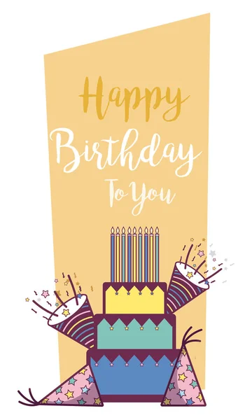 Tarjeta Cumpleaños Feliz Con Pastel Sombreros Dibujos Animados Vector Ilustración — Vector de stock