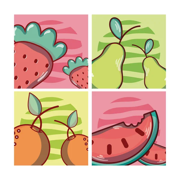 Conjunto Frutas Dibujos Animados Iconos Cuadrados Vector Ilustración Diseño Gráfico — Archivo Imágenes Vectoriales