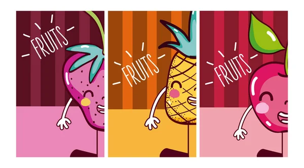 Set Cute Fruits Cartoons Cards Vector Illustration Graphic Design Vector Graphics