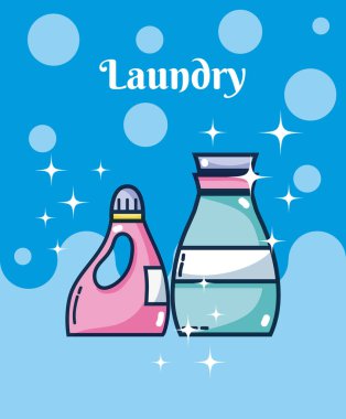 Deterjan şişeleri Çamaşırhane kavram üzerinde kabarcıklar arka plan vektör çizim grafik tasarım