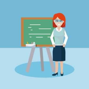 Genç öğretmen ile mavi arka plan vektör çizim grafik tasarım üzerine yazı tahtası