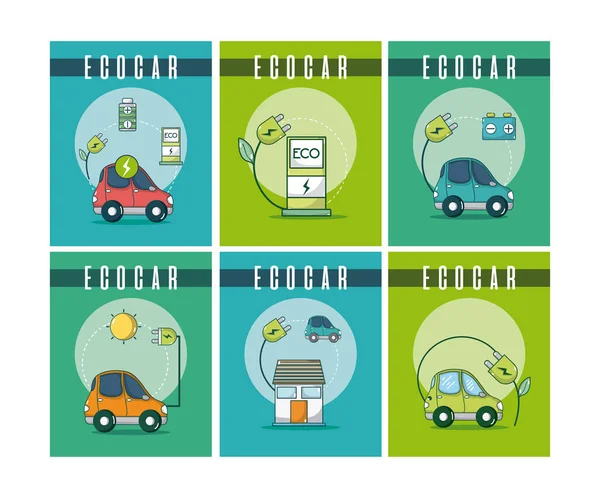 Coche Eléctrico Energía Verde Conjunto Marcos Cuadrados Vector Ilustración Diseño — Vector de stock