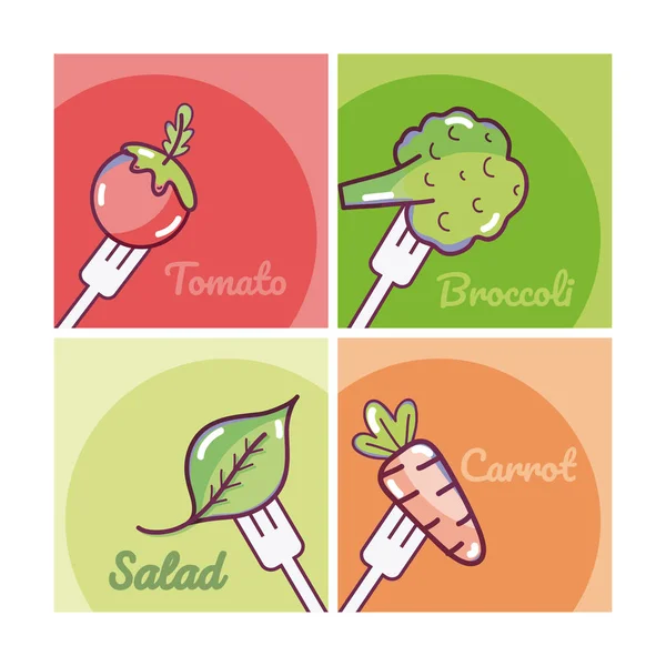 一套蔬菜在叉子卡通卡收集向量例证图设计 — 图库矢量图片