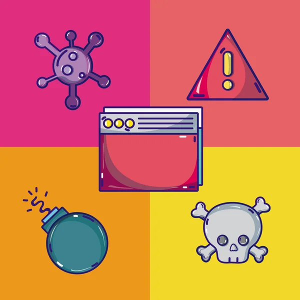 Conjunto Virus Colección Dibujos Animados Cibercrimen Cuadrados Coloridos Vector Ilustración — Vector de stock