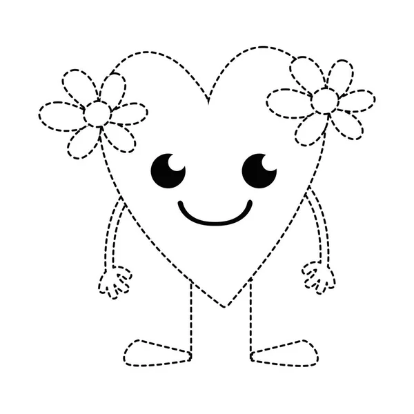 Forma Punteada Sonrisa Corazón Con Flores Kawaii Con Brazos Piernas — Archivo Imágenes Vectoriales