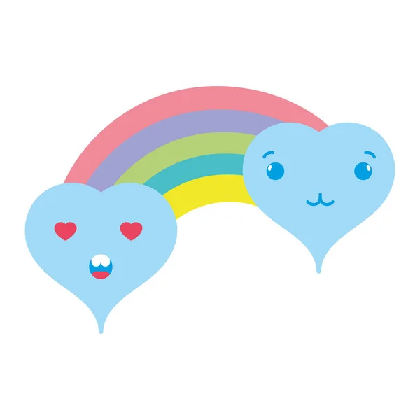 Colorido Tierno Amor Corazones Nubes Kawaii Con Arco Iris Vector — Vector de stock