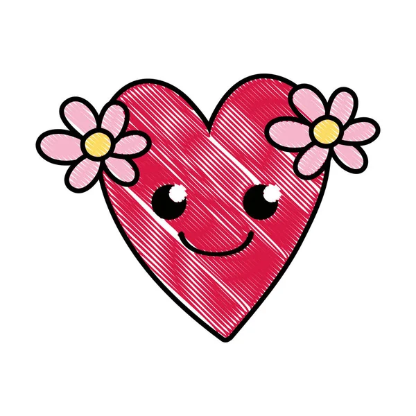 Corazón Sonrisa Rallado Con Flores Kawaii Ilustración Vector Dibujos Animados — Archivo Imágenes Vectoriales