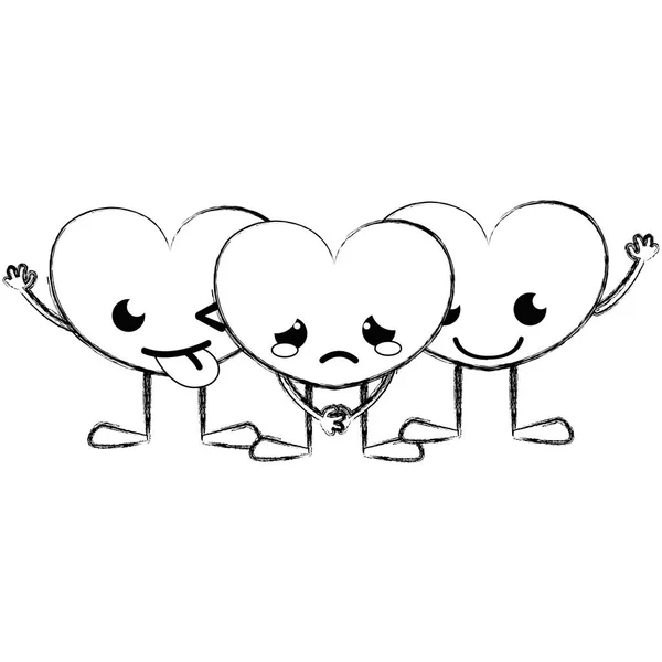 Figure Cute Hearts Friends Kawaii Cartoons Vector Illustration — Stock Vector