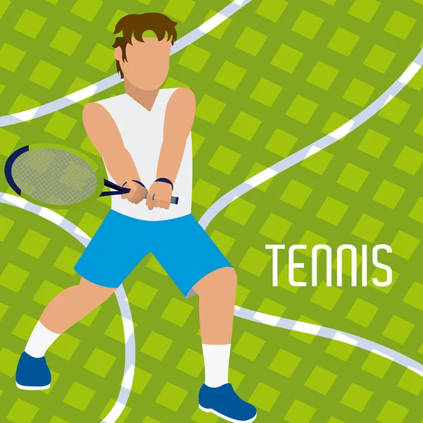 Jugador Tenis Con Raqueta Dibujos Animados Sobre Fondo Verde Vector — Archivo Imágenes Vectoriales