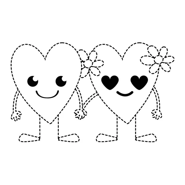 Forme Pointillée Beaux Coeurs Couple Kawaii Avec Bras Jambes Illustration — Image vectorielle