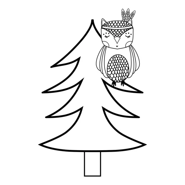 Linie Etnické Sova Zvíře Pine Tree Vektorové Ilustrace — Stockový vektor