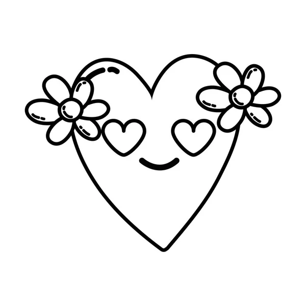 Line Hjärta Med Blommor Kärlek Kawaii Tecknade Vektorillustration — Stock vektor