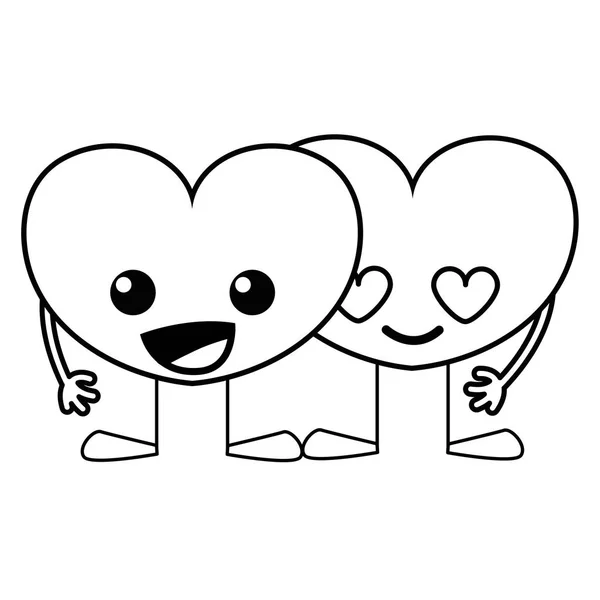 Ligne Tendre Coeurs Couple Kawaii Dessins Animés Vectoriel Illustration — Image vectorielle