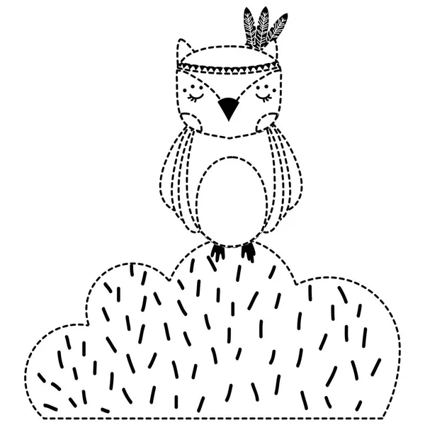 Dotted Shape Ethnic Owl Animal Bursh Flowers Vector Illustration — Stock Vector
