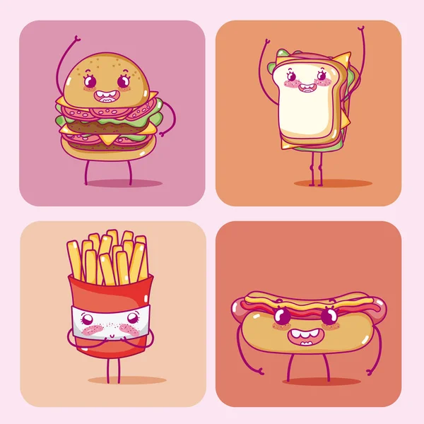 Desenhos Animados Fast Food Bonitos Quadrados Coloridos Ilustração Vetorial Design — Vetor de Stock