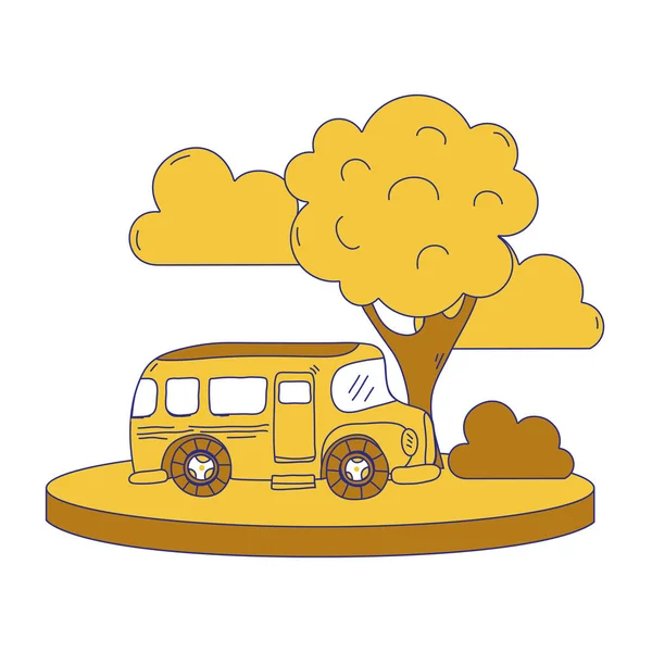 Полноцветный Школьный Автобус Городе Облаками Векторной Иллюстрацией Деревьев — стоковый вектор